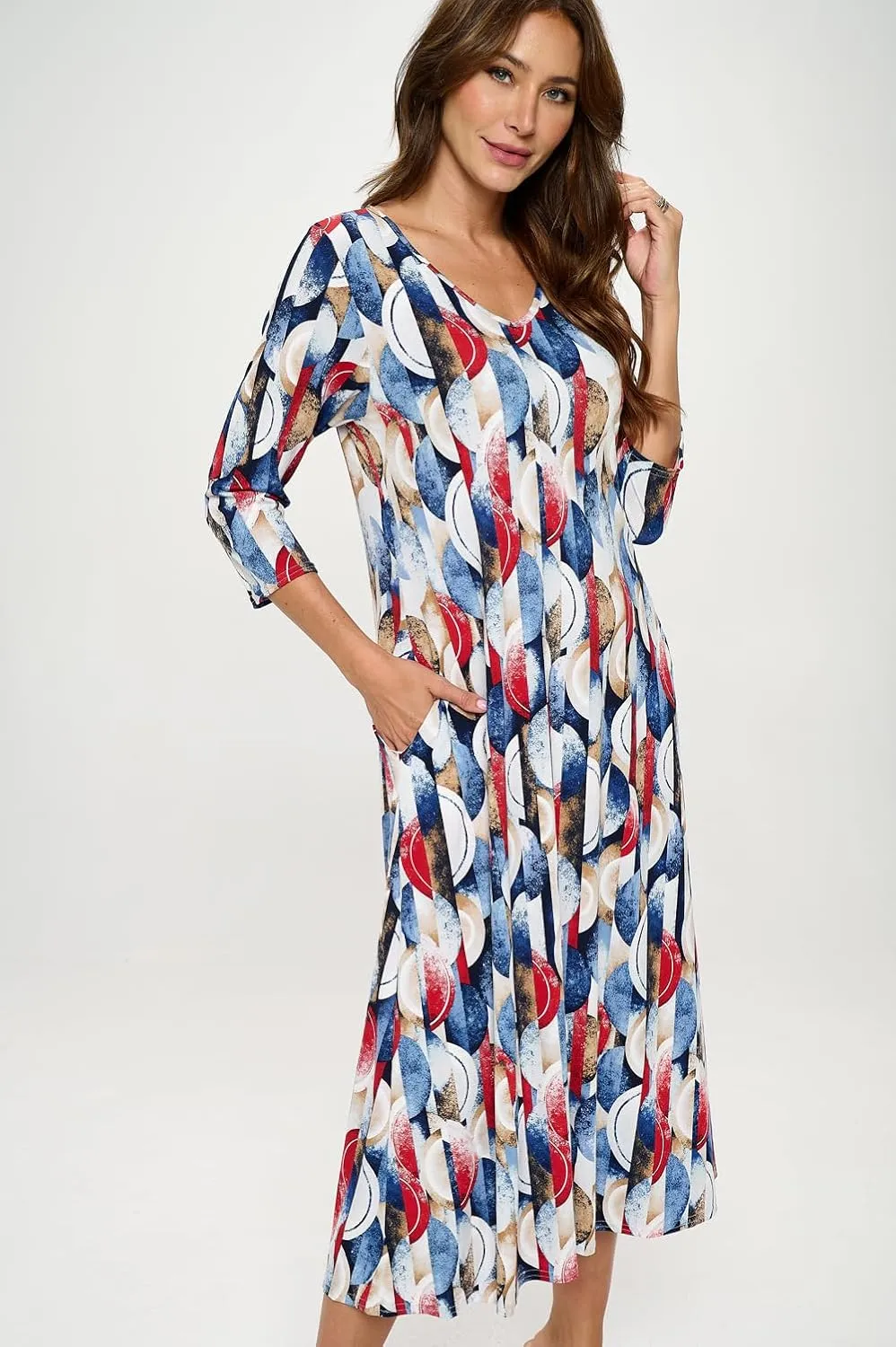 Jostar Women's Casual Long Dress – 3/4 Sleeve V-Neck Casual Print Solid One Piece with Pockets