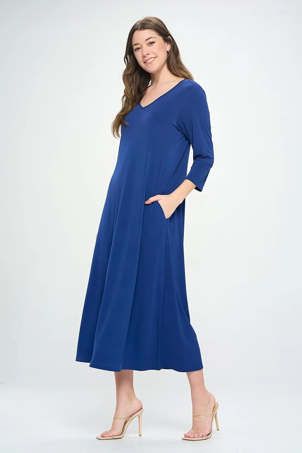 Jostar Women's Casual Long Dress – 3/4 Sleeve V-Neck Casual Print Solid One Piece with Pockets