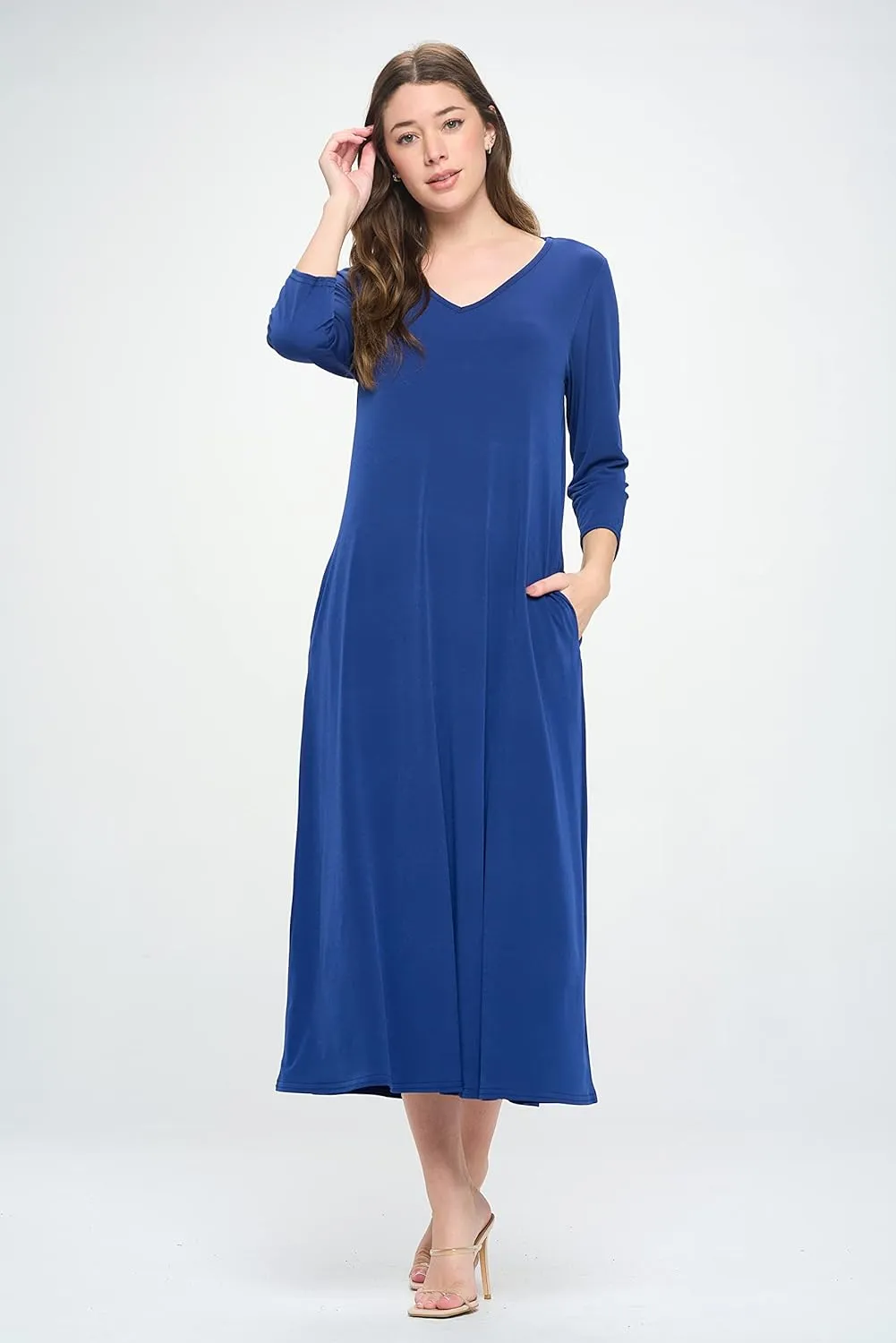 Jostar Women's Casual Long Dress – 3/4 Sleeve V-Neck Casual Print Solid One Piece with Pockets