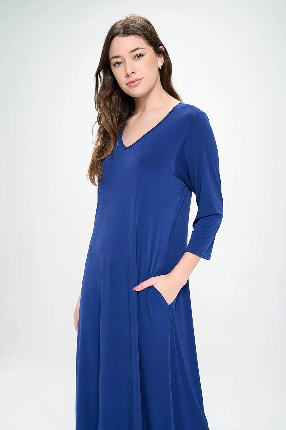 Jostar Women's Casual Long Dress – 3/4 Sleeve V-Neck Casual Print Solid One Piece with Pockets