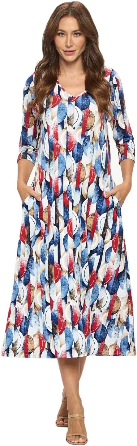 Jostar Women's Casual Long Dress – 3/4 Sleeve V-Neck Casual Print Solid One Piece with Pockets