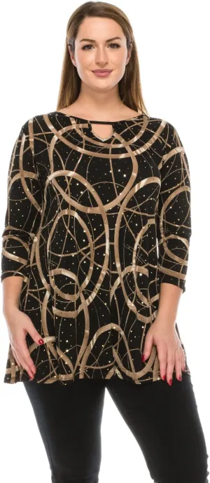 Jostar Women's Key Hole Front Top - 3/4 Sleeve Print Tunic Round Neck Casual Printed T Shirt