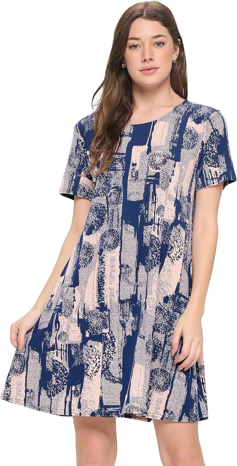 Jostar Women's Print Basic Dress – Short Sleeve Stretch Basic Casual Swing Flowy T Shirt HIT Printed One Piece