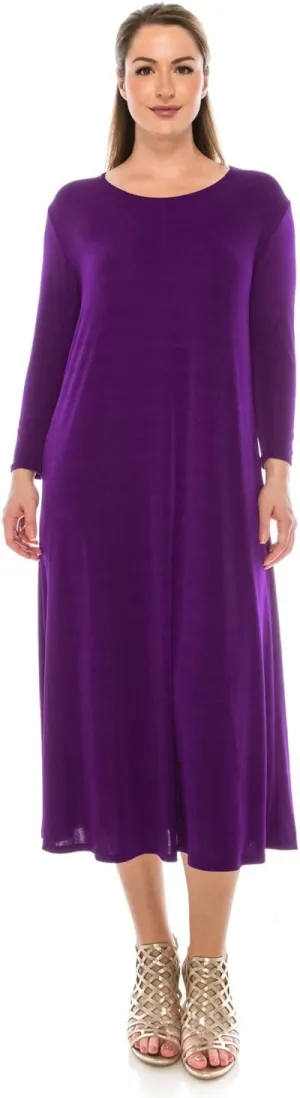 Jostar Women's Print Long Midi Dress – 3/4 Sleeve Stretch Casual Swing Flowy Solid T Shirt One Piece