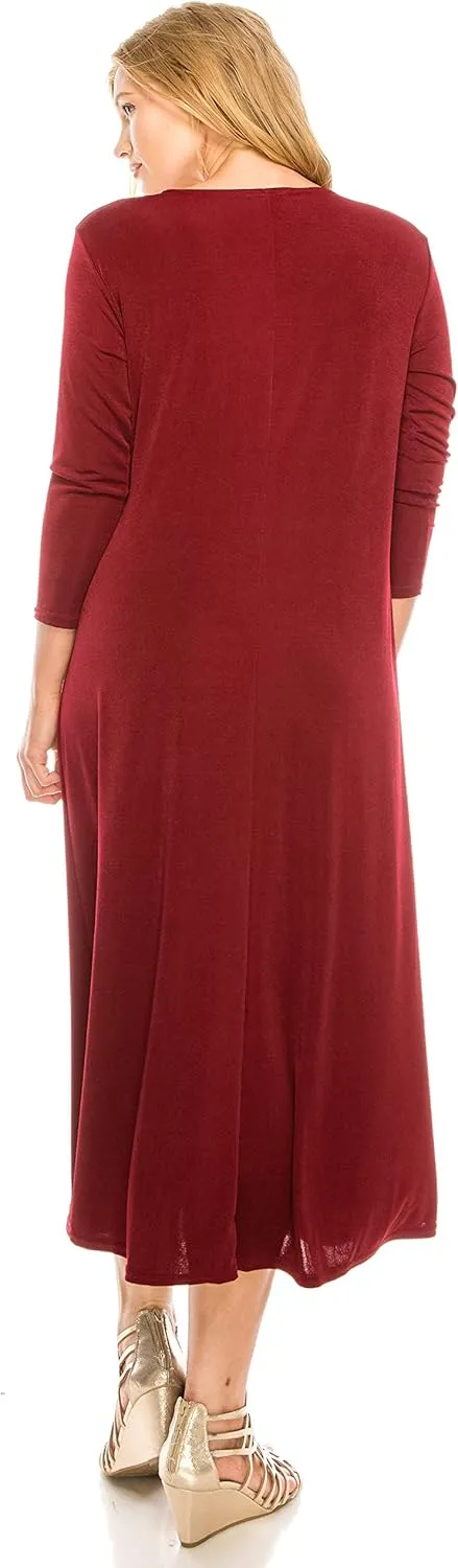 Jostar Women's Print Long Midi Dress – 3/4 Sleeve Stretch Casual Swing Flowy Solid T Shirt One Piece