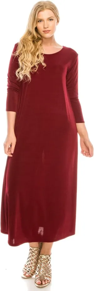 Jostar Women's Print Long Midi Dress – 3/4 Sleeve Stretch Casual Swing Flowy Solid T Shirt One Piece