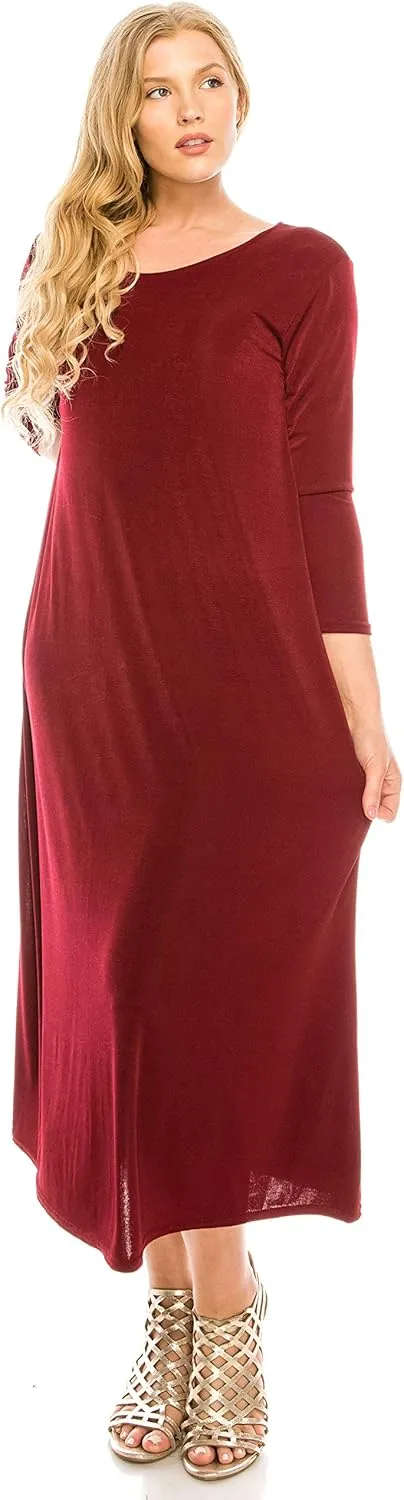 Jostar Women's Print Long Midi Dress – 3/4 Sleeve Stretch Casual Swing Flowy Solid T Shirt One Piece