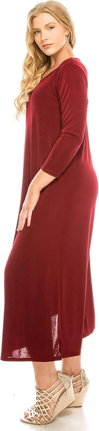 Jostar Women's Print Long Midi Dress – 3/4 Sleeve Stretch Casual Swing Flowy Solid T Shirt One Piece