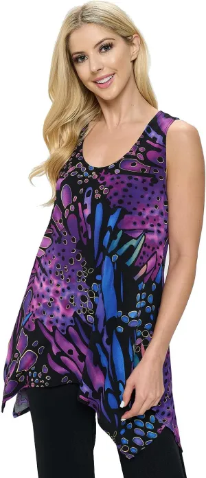 Jostar Women's Print Tank Top - Sleeveless Shark Bite Hem Scoop Neck Tunic Casual T Shirts