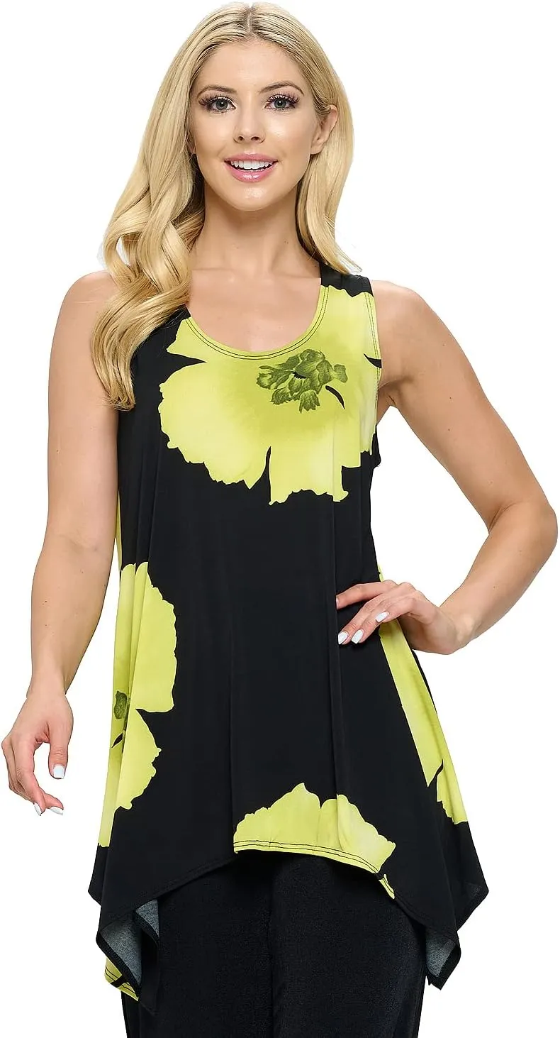Jostar Women's Print Tank Top - Sleeveless Shark Bite Hem Scoop Neck Tunic Casual T Shirts