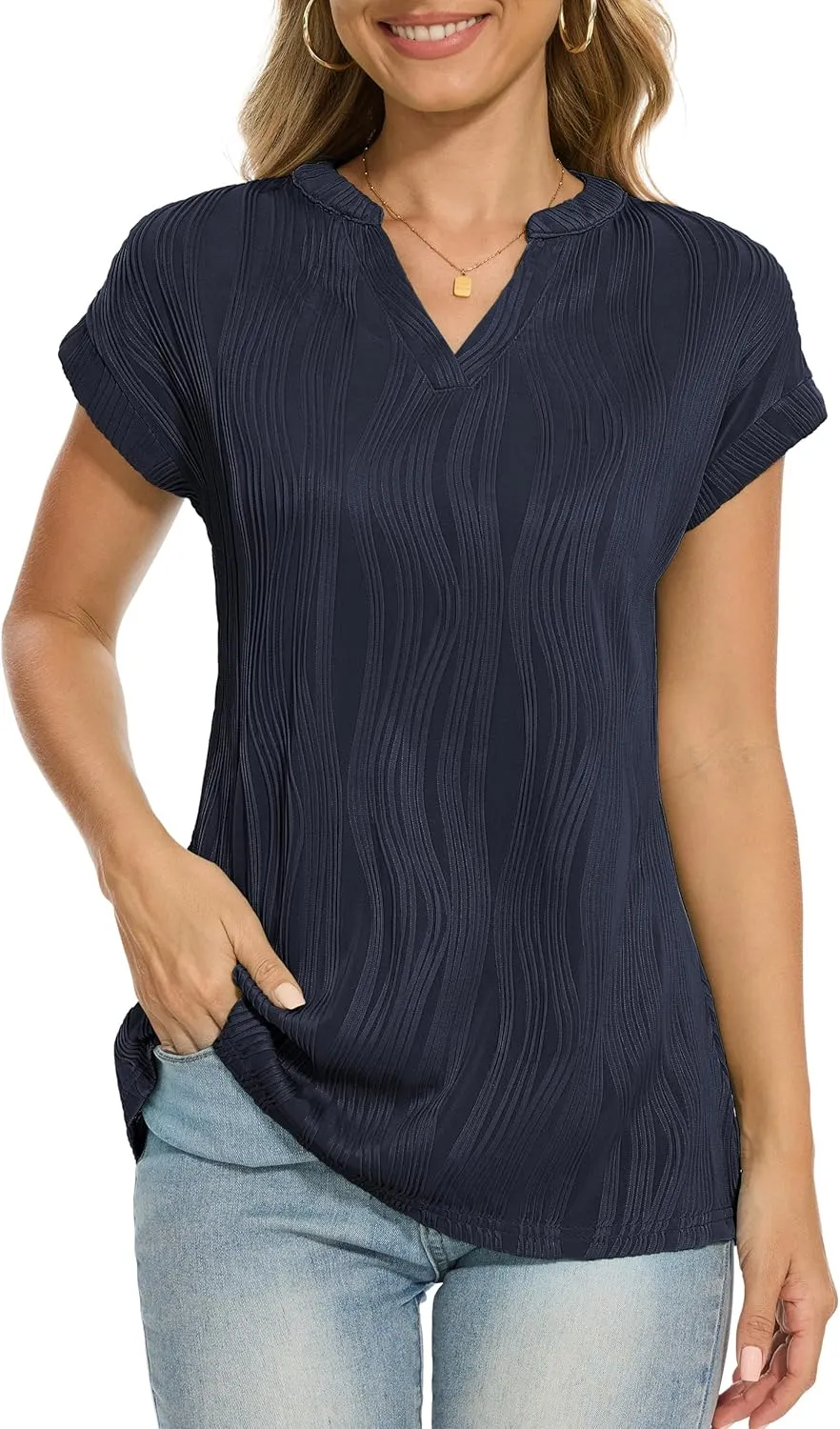 Jouica Women's Short Sleeve Dressy Tops V-Neck Textured Tops Cute Summer Tops 2025 Basic T-Shirts Work Blouses