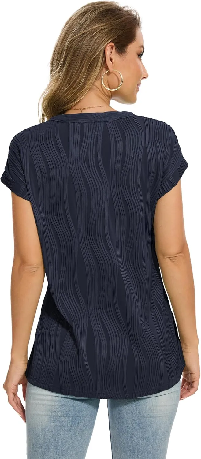 Jouica Women's Short Sleeve Dressy Tops V-Neck Textured Tops Cute Summer Tops 2025 Basic T-Shirts Work Blouses