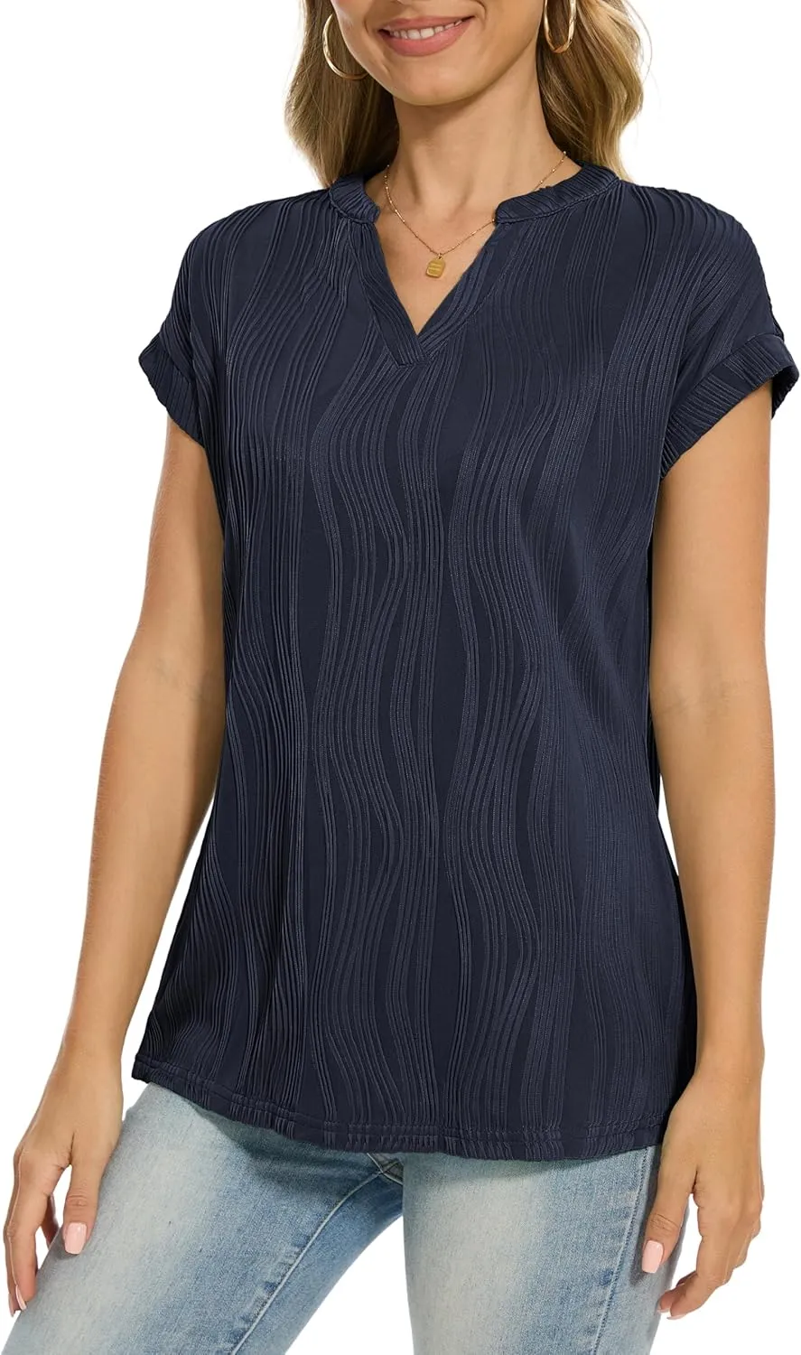 Jouica Women's Short Sleeve Dressy Tops V-Neck Textured Tops Cute Summer Tops 2025 Basic T-Shirts Work Blouses