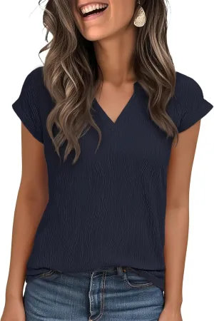 Jouica Women's Short Sleeve Dressy Tops V-Neck Textured Tops Cute Summer Tops 2025 Basic T-Shirts Work Blouses