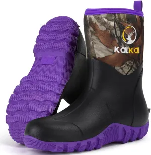 Kalkal Rubber Boots for Women, Waterproof Mid Calf Women Rain Boots with Steel Shank, 6mm Neoprene Insulated Rubber Garden Boots for Women Mud Working Farming Fishing