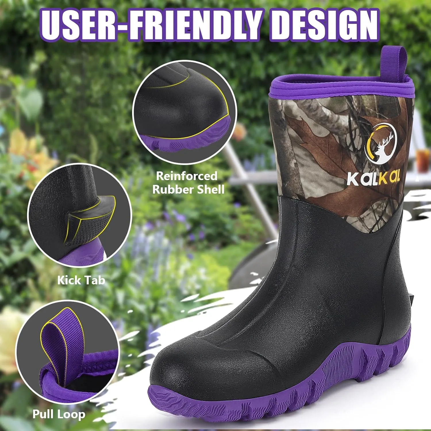 Kalkal Rubber Boots for Women, Waterproof Mid Calf Women Rain Boots with Steel Shank, 6mm Neoprene Insulated Rubber Garden Boots for Women Mud Working Farming Fishing