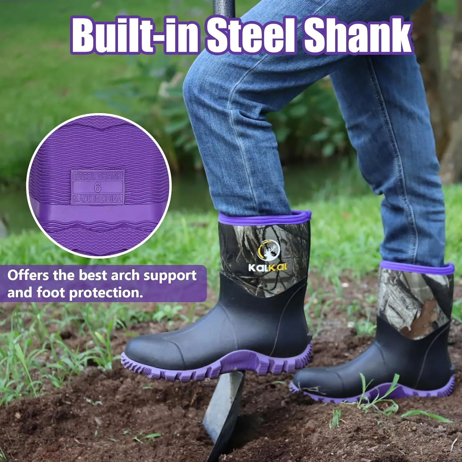Kalkal Rubber Boots for Women, Waterproof Mid Calf Women Rain Boots with Steel Shank, 6mm Neoprene Insulated Rubber Garden Boots for Women Mud Working Farming Fishing