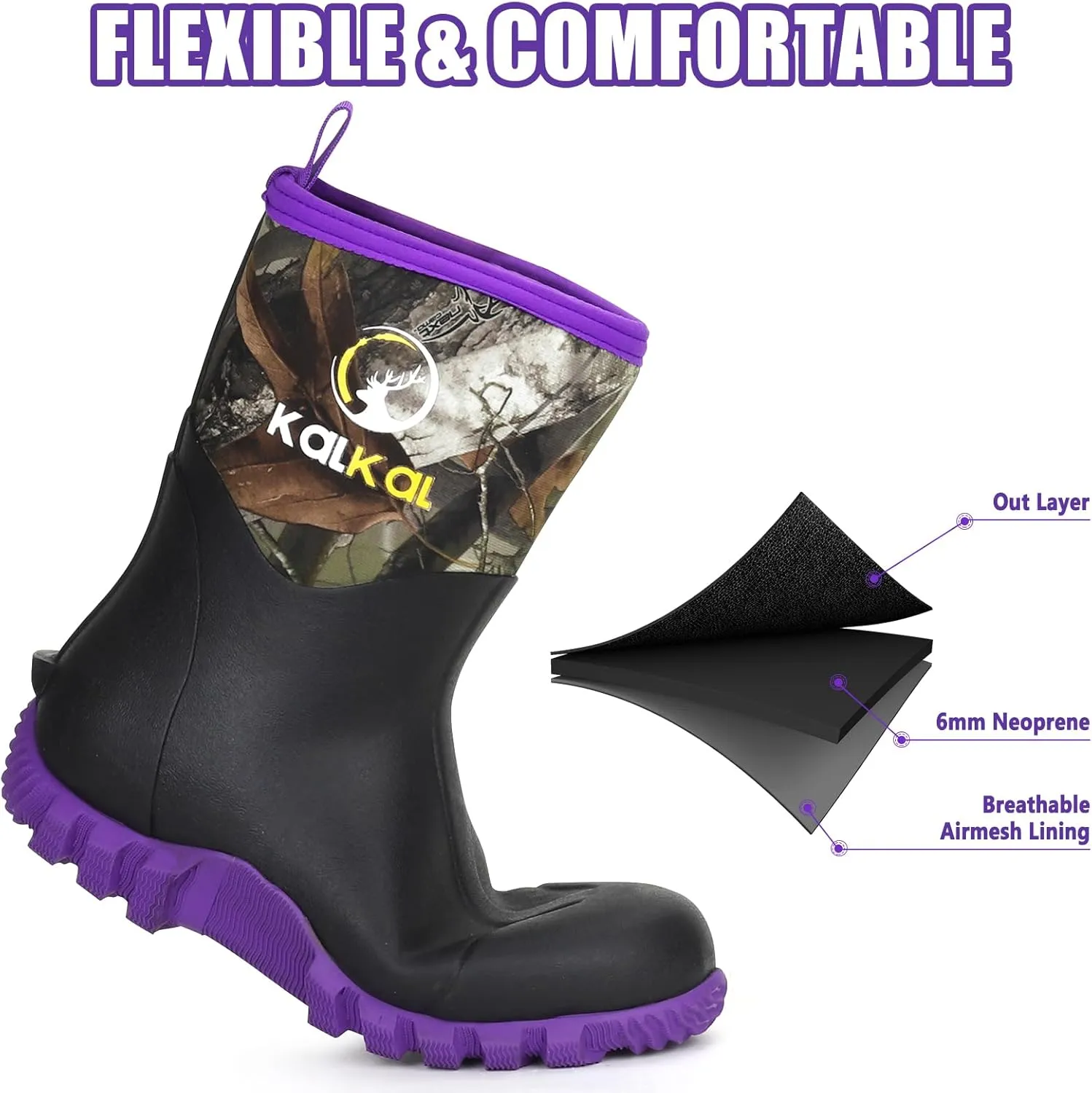 Kalkal Rubber Boots for Women, Waterproof Mid Calf Women Rain Boots with Steel Shank, 6mm Neoprene Insulated Rubber Garden Boots for Women Mud Working Farming Fishing