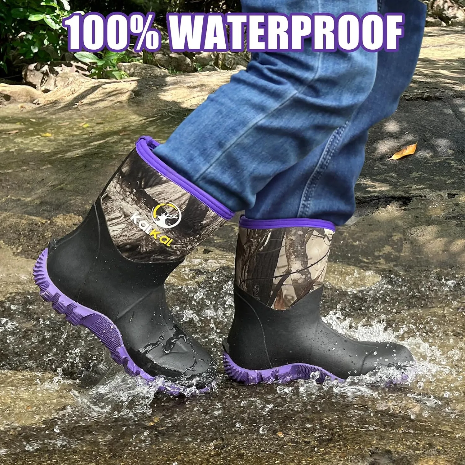 Kalkal Rubber Boots for Women, Waterproof Mid Calf Women Rain Boots with Steel Shank, 6mm Neoprene Insulated Rubber Garden Boots for Women Mud Working Farming Fishing