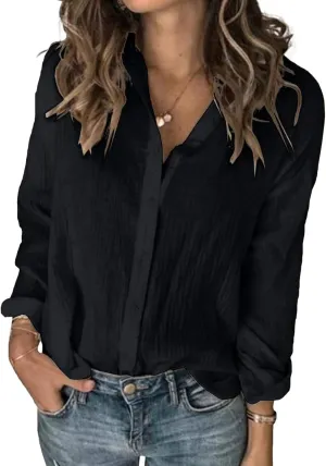 Karlywindow Womens Long Sleeve Button Down Cotton Linen Shirt Blouse Loose Fit Casual V-Neck Tops