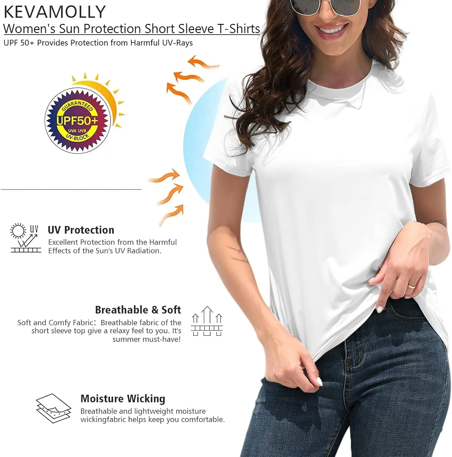 KevaMolly Basic T Shirts for Women UPF 50  Short Sleeve Casual Summer Tops Trendy Solid Loose Fit Tshirt