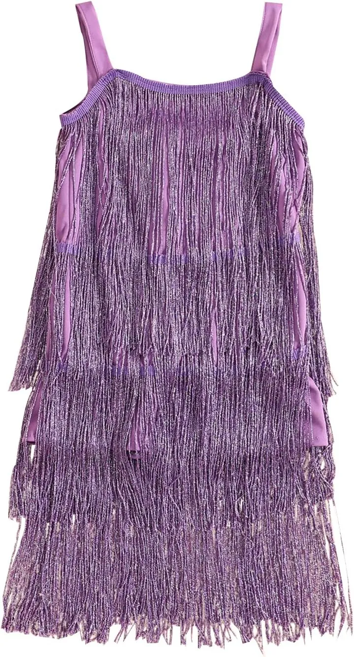Kids Sequin Fringe Dress Sparkling Tassel Sleeveless Dress Little Girls Dance Wear Party Latin Dance Dress 1-10T