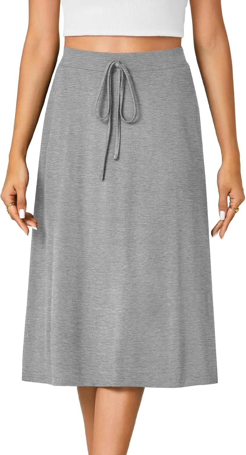 KIFOVEN Women’s Casual High Waist A Line Midi Skirt Flared Drawstring Stretchy Skirt