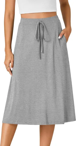 KIFOVEN Women’s Casual High Waist A Line Midi Skirt Flared Drawstring Stretchy Skirt