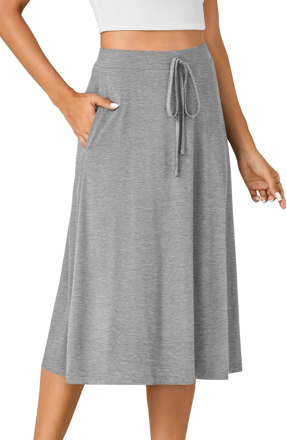KIFOVEN Women’s Casual High Waist A Line Midi Skirt Flared Drawstring Stretchy Skirt