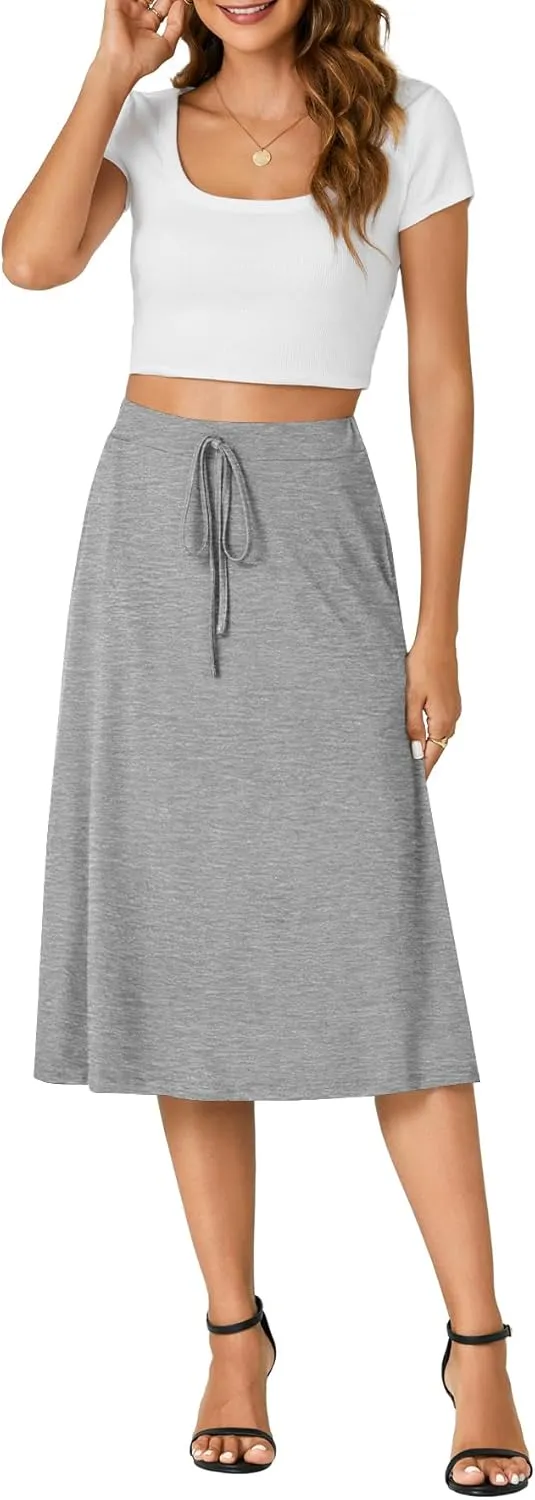 KIFOVEN Women’s Casual High Waist A Line Midi Skirt Flared Drawstring Stretchy Skirt