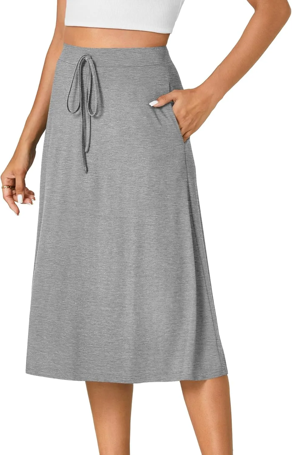 KIFOVEN Women’s Casual High Waist A Line Midi Skirt Flared Drawstring Stretchy Skirt