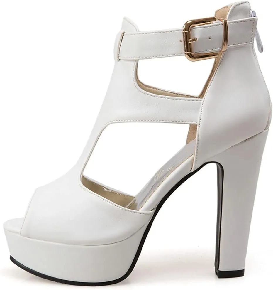 KIKIVIVI Womens Chunky High Heel Peep Toe Platform Ankle Buckle Sandals with Zipper