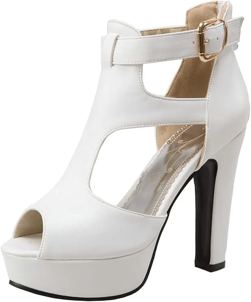 KIKIVIVI Womens Chunky High Heel Peep Toe Platform Ankle Buckle Sandals with Zipper