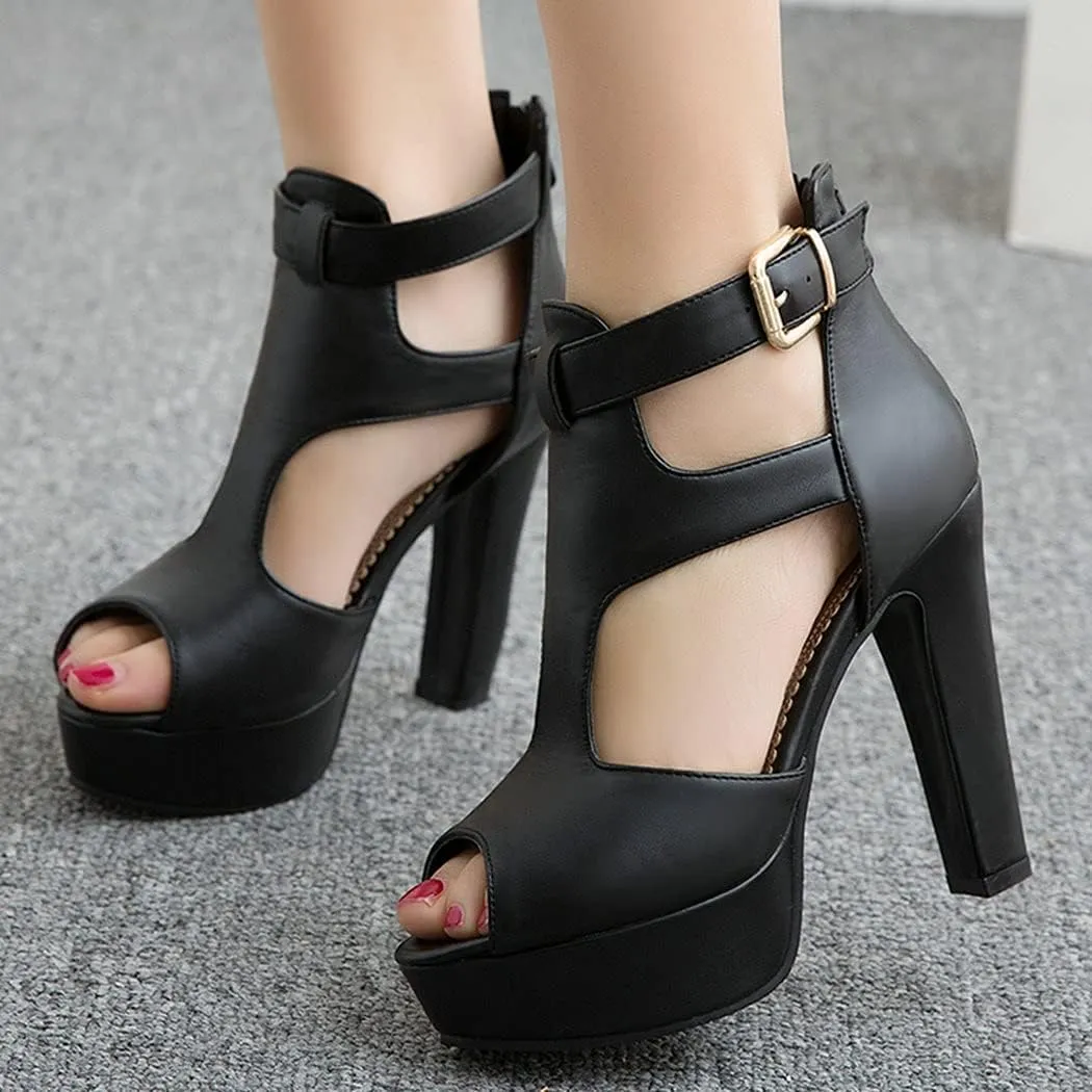 KIKIVIVI Womens Chunky High Heel Peep Toe Platform Ankle Buckle Sandals with Zipper