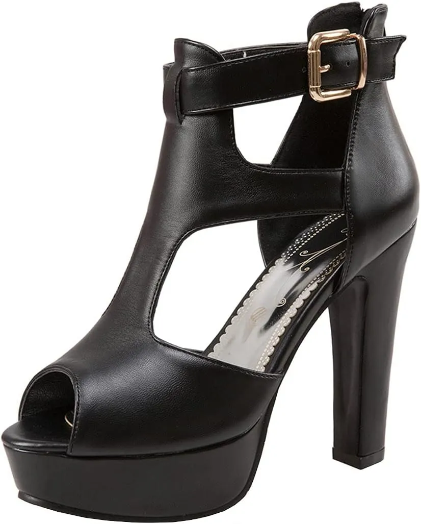 KIKIVIVI Womens Chunky High Heel Peep Toe Platform Ankle Buckle Sandals with Zipper