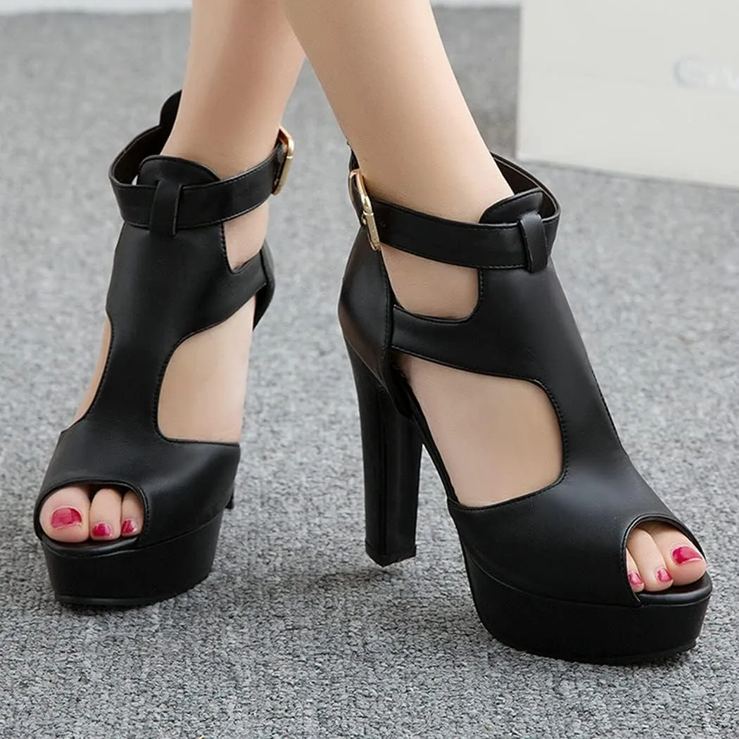 KIKIVIVI Womens Chunky High Heel Peep Toe Platform Ankle Buckle Sandals with Zipper
