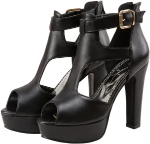 KIKIVIVI Womens Chunky High Heel Peep Toe Platform Ankle Buckle Sandals with Zipper