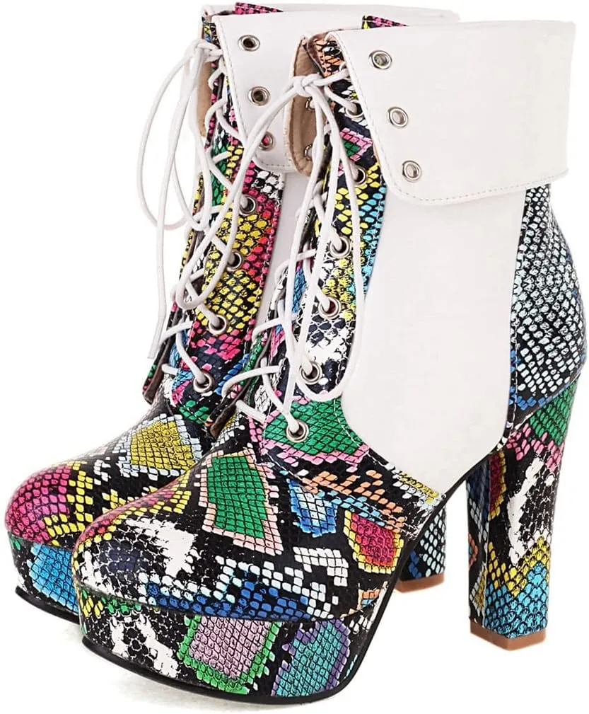 KIKIVIVI Womens Platform Snakeskin Ankle Boots Lace Up Chunky High Heel Booties
