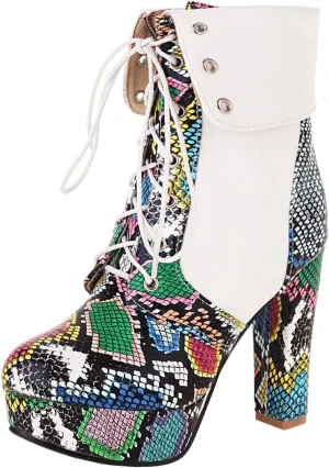 KIKIVIVI Womens Platform Snakeskin Ankle Boots Lace Up Chunky High Heel Booties