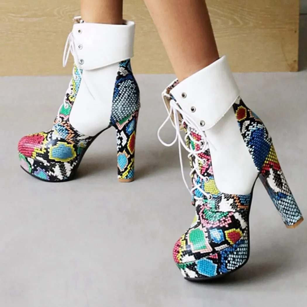 KIKIVIVI Womens Platform Snakeskin Ankle Boots Lace Up Chunky High Heel Booties