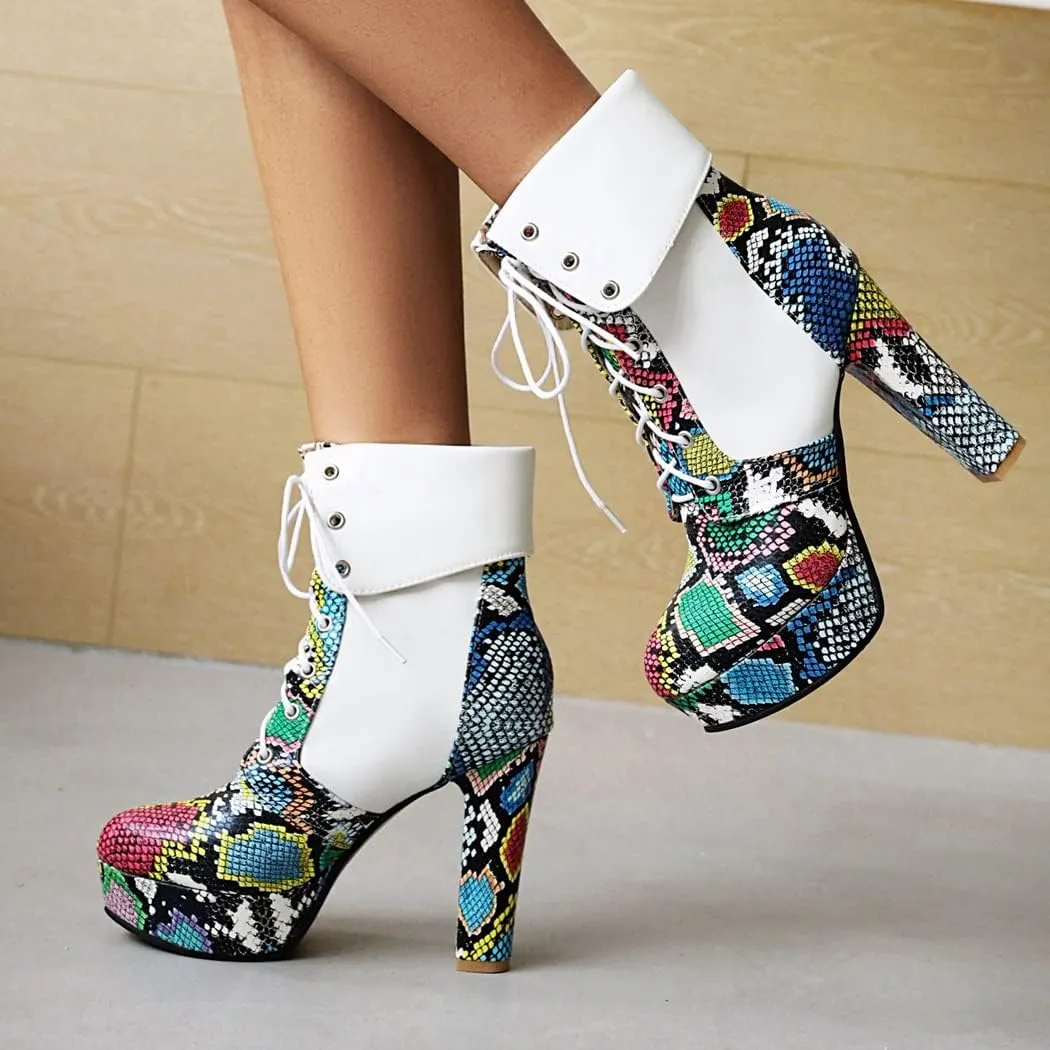 KIKIVIVI Womens Platform Snakeskin Ankle Boots Lace Up Chunky High Heel Booties