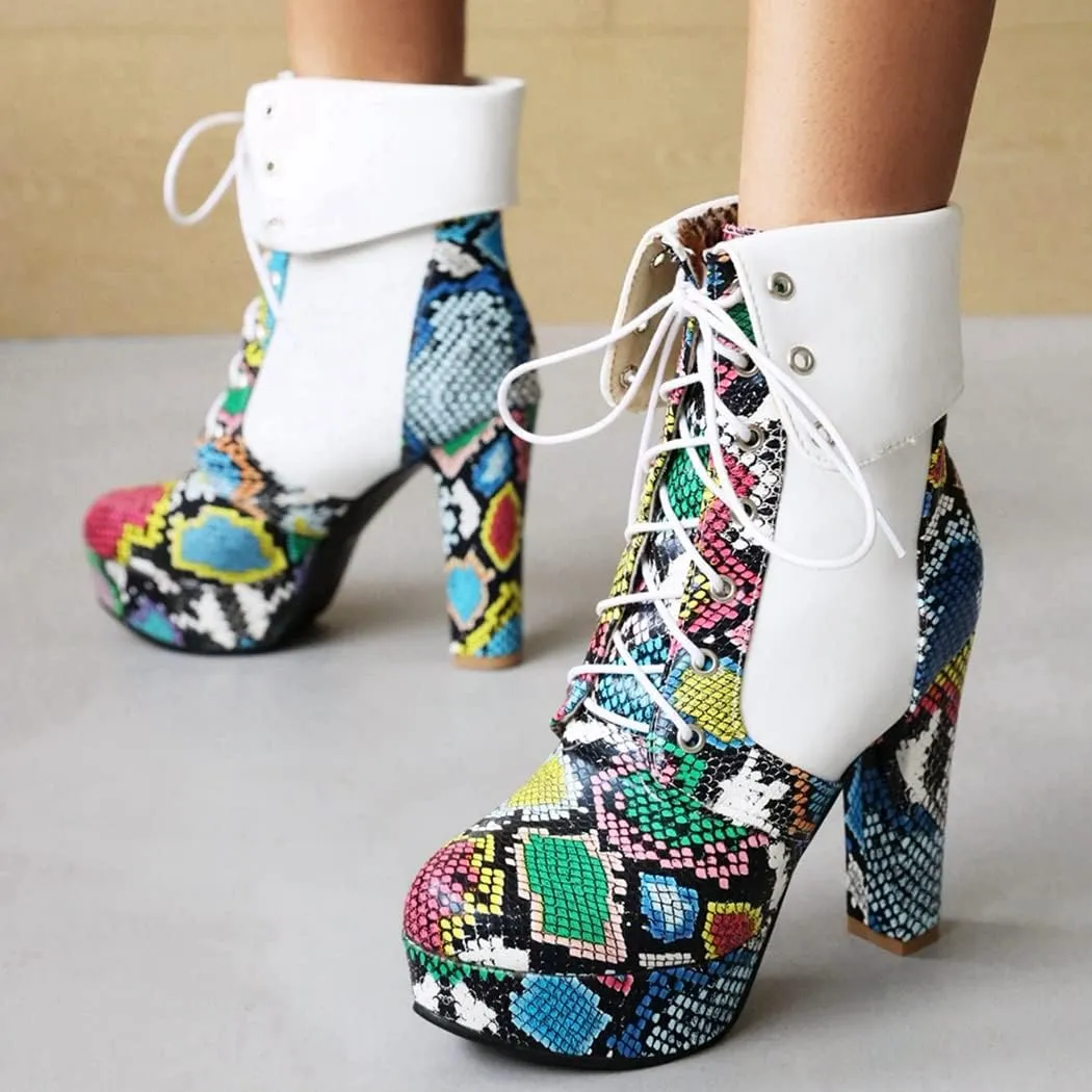 KIKIVIVI Womens Platform Snakeskin Ankle Boots Lace Up Chunky High Heel Booties