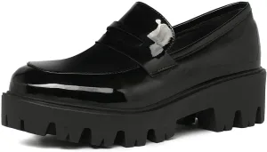 KISSASA Womens Tassel Platform Patent Chunky Heeled Loafers Slip On Uniform Dress Shoes