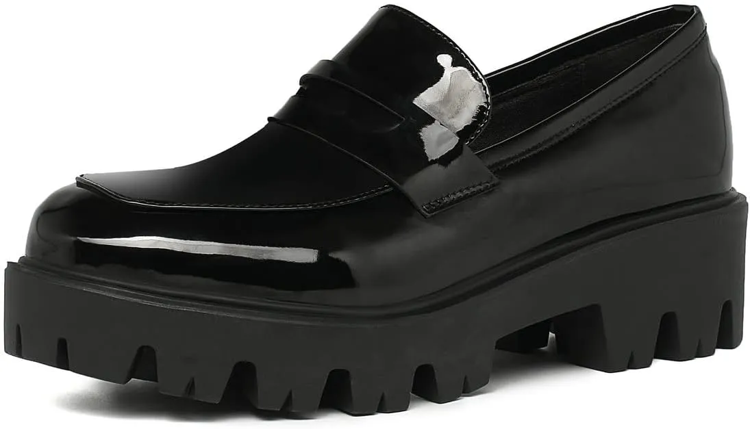 KISSASA Womens Tassel Platform Patent Chunky Heeled Loafers Slip On Uniform Dress Shoes