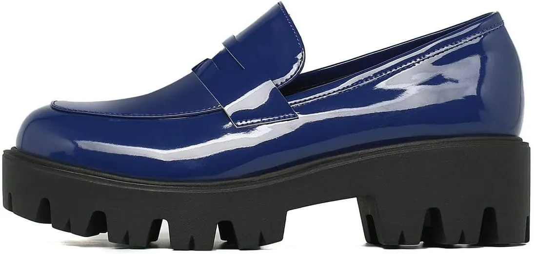 KISSASA Womens Tassel Platform Patent Chunky Heeled Loafers Slip On Uniform Dress Shoes