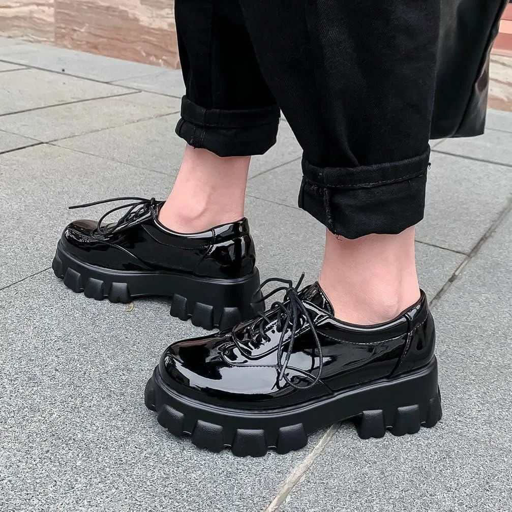 KOKOMOMO Womens Platform Oxford Shoes Chunky Platform Loafers Goth Buckle Shoes
