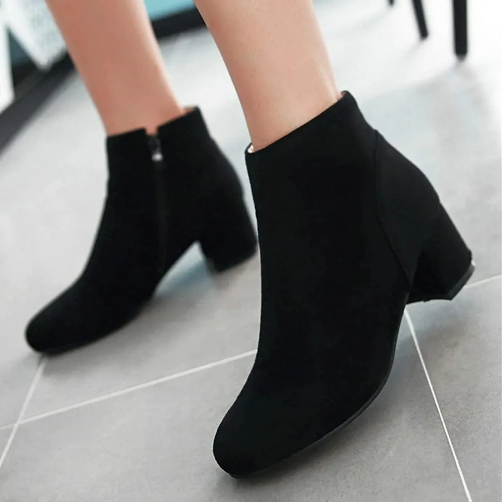 KOKOMOMO Womens Round Toe Chunky Heeled Boots Zip Up Ankle Booties
