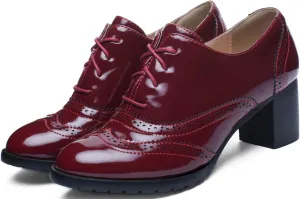 KOKOMOMO Womens Wingtip Heels Patent Leather Chunky Oxfords Vintage Lace Up Brogue Shoes