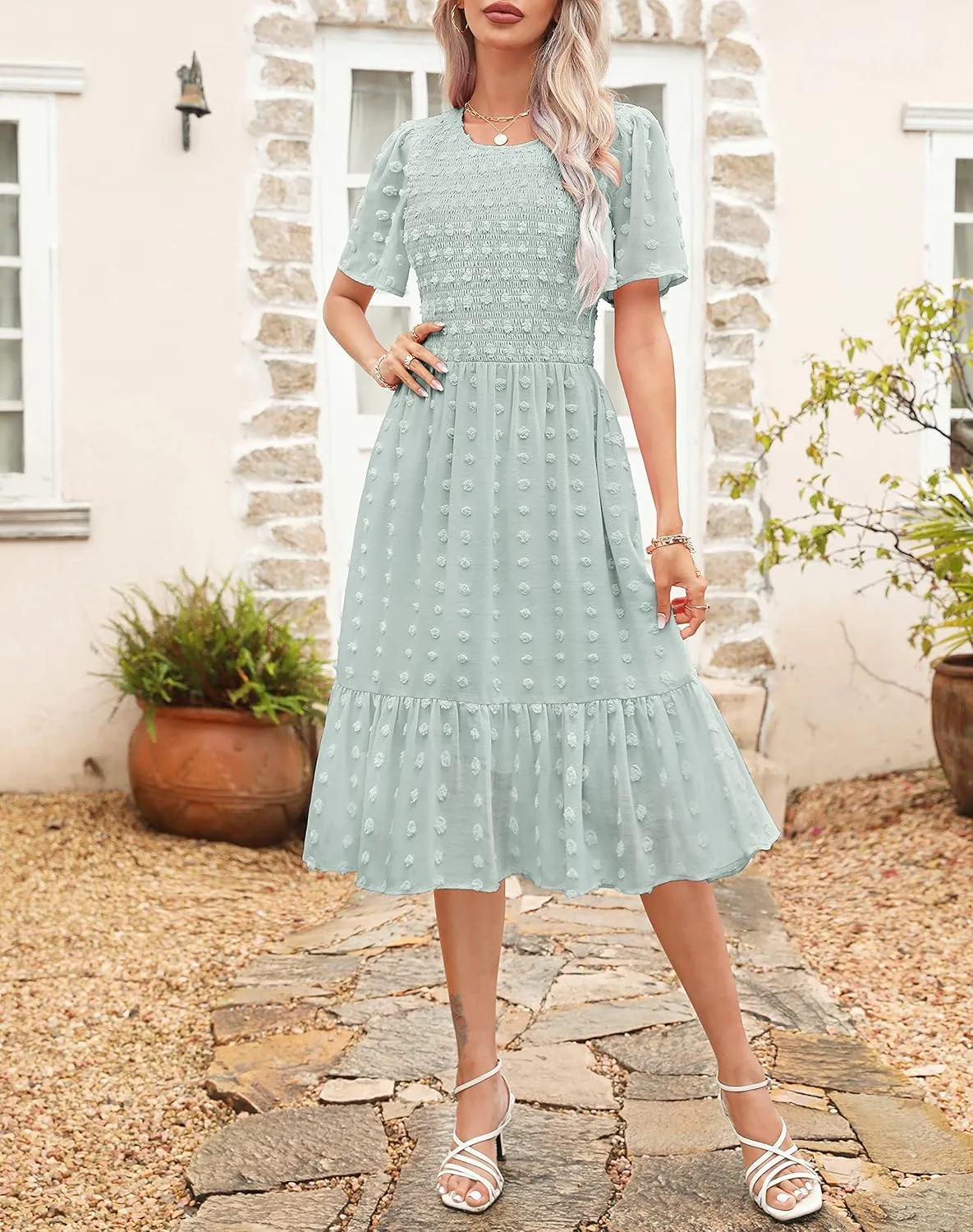 Kranda Women 2025 Summer Spring Round Neck Flutter Short Sleeve Casual Swing Flowy Ruffle Smocked Swiss Dot Midi Dress