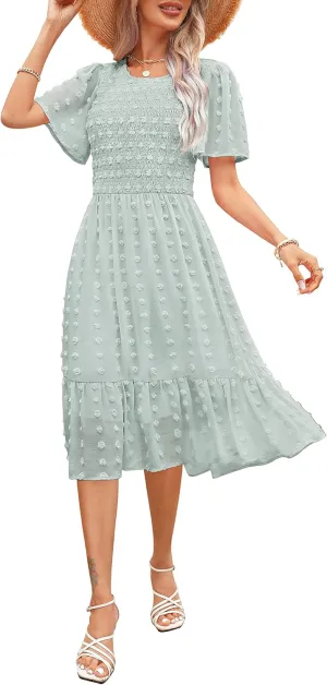 Kranda Women 2025 Summer Spring Round Neck Flutter Short Sleeve Casual Swing Flowy Ruffle Smocked Swiss Dot Midi Dress